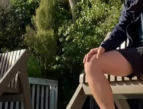 Cock exposing on outdoor bench