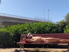 Fully naked on the park bench at broad daylight